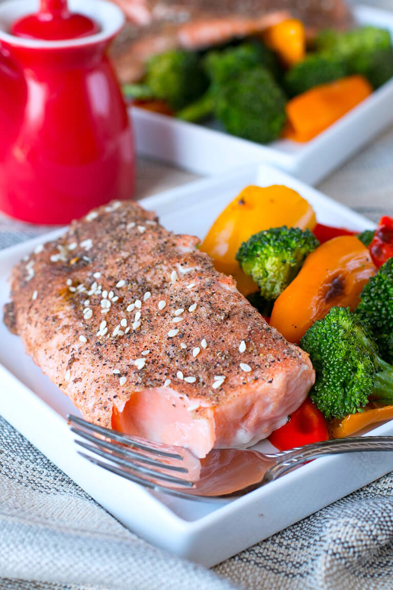Garlic Sesame Broiled Salmon with Roasted Broccoli and Sweet Peppers