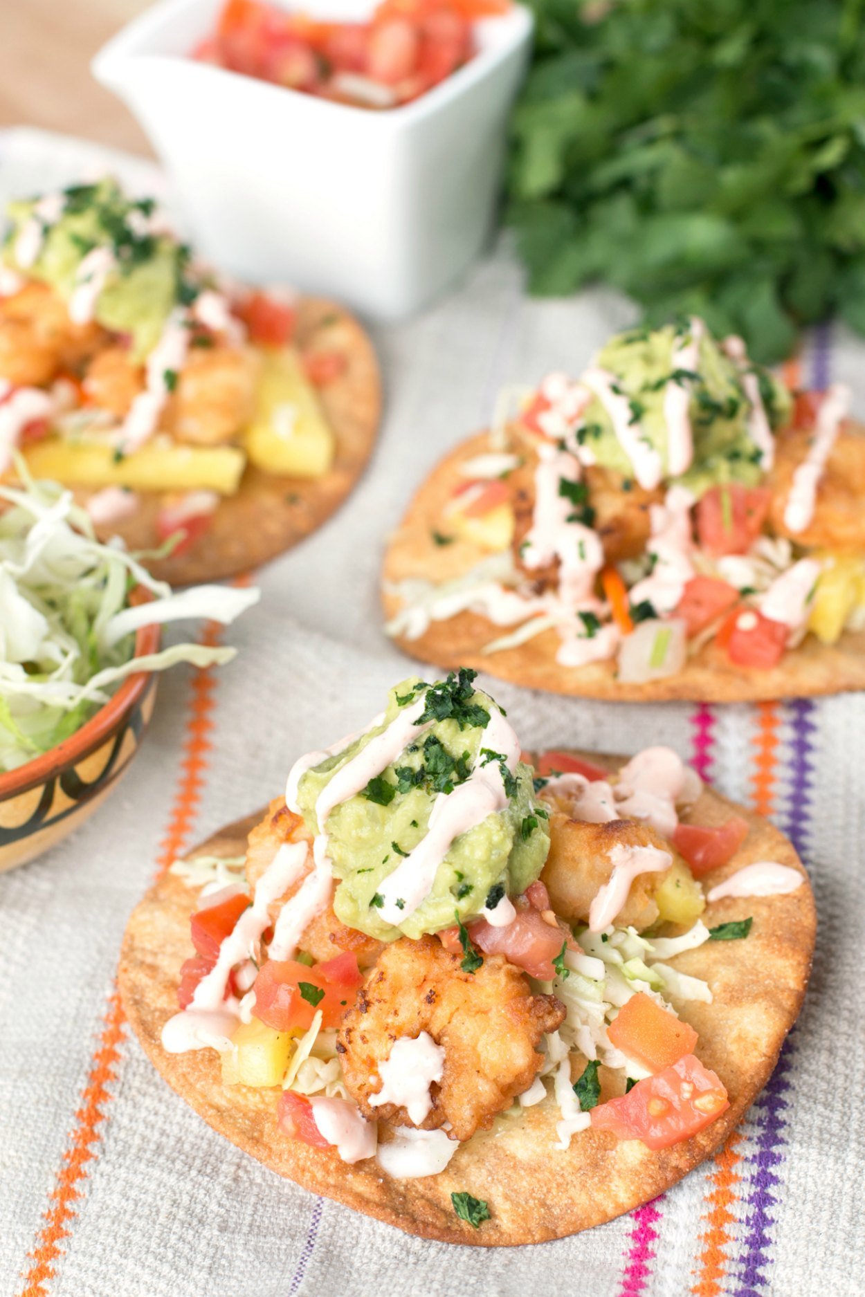 Bang Bang Shrimp Tacos Recipe on a colorful napkin