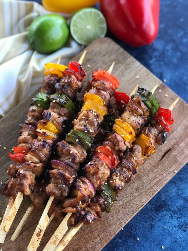 completely grilled BBQ chicken skewers