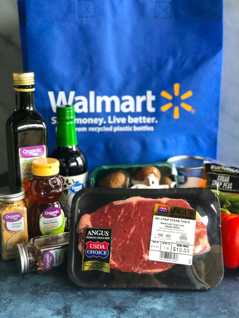 Asian Pepper Steak Stir Fry ingredients in front of a Walmart bag