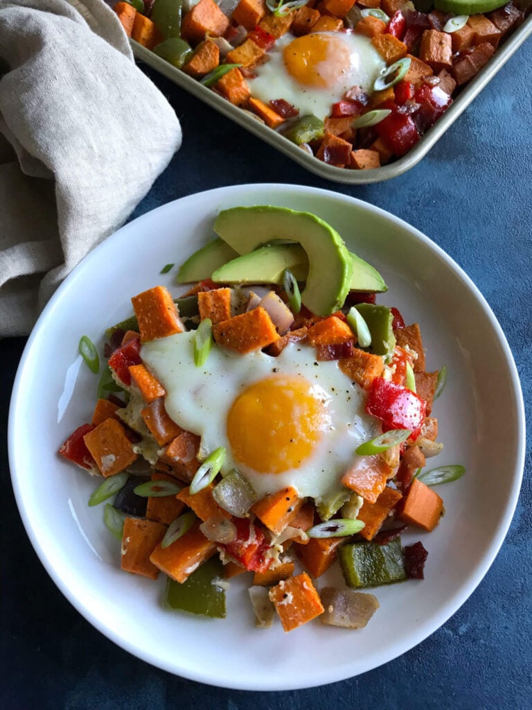 A plate with sweet potatoes, eggs, and avocados