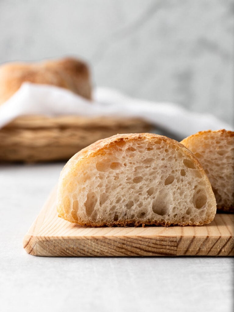 Crumb shot of homemade ciabatta bread.