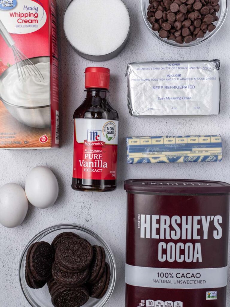 ingredients of the double chocolate cheesecake laid out