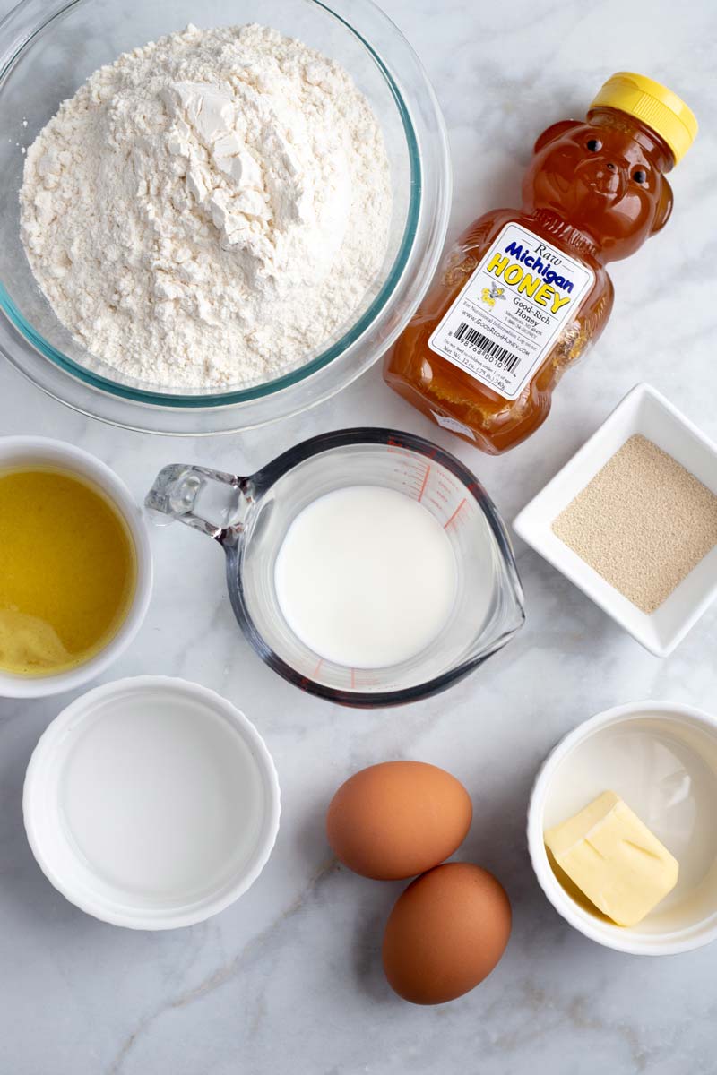 Ingredients needed to make Hawaiian Rolls.