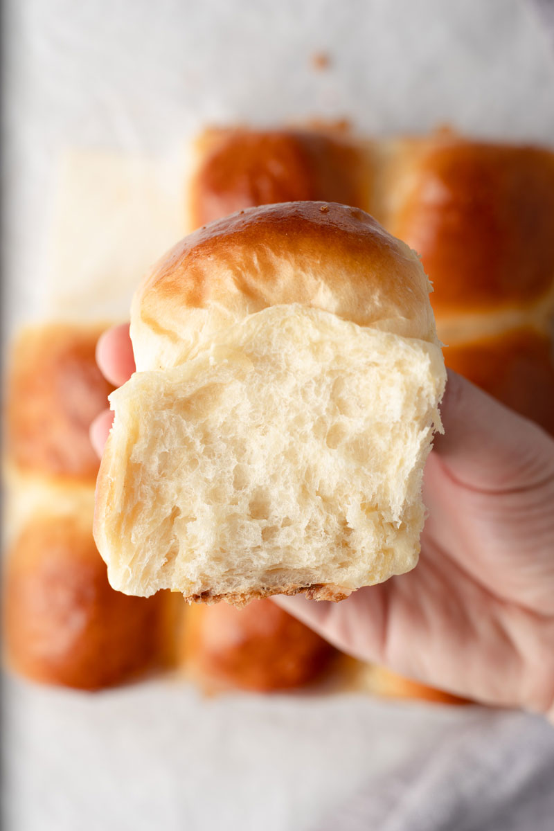 The inside of a soft and fluffy dinner roll.