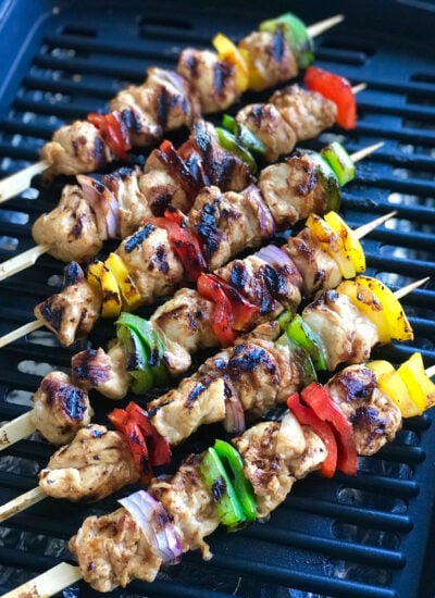 Spicy Mango Habanero Chicken Kabob on a grill.