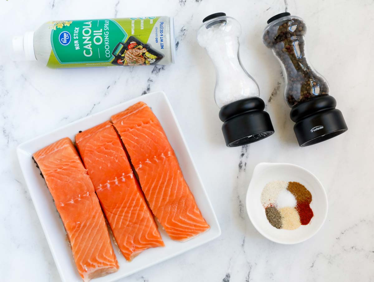 TOp down shot of air fryer salmon ingredients.