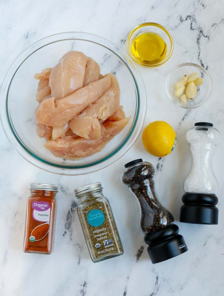 Top down view of ingredients for air fryer lemon pepper chicken recipe.