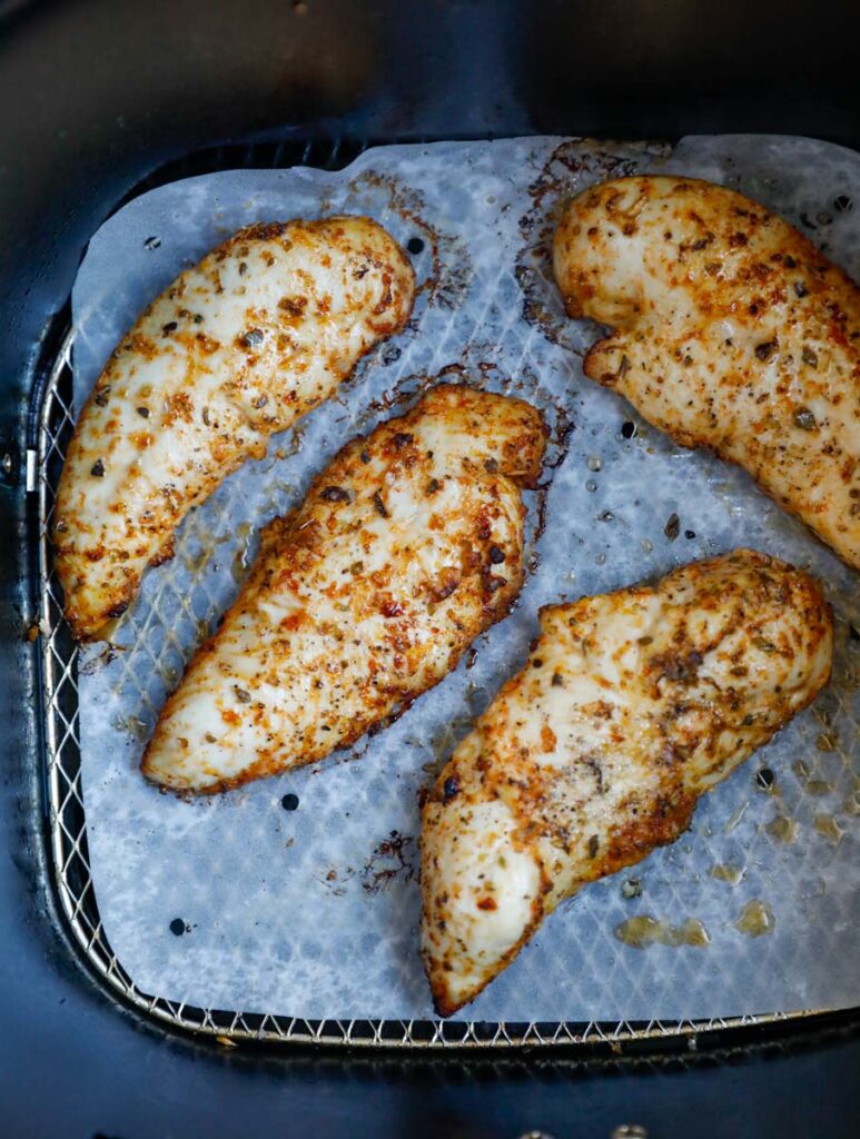 Cooked lemon pepper chicken in an air fryer. 