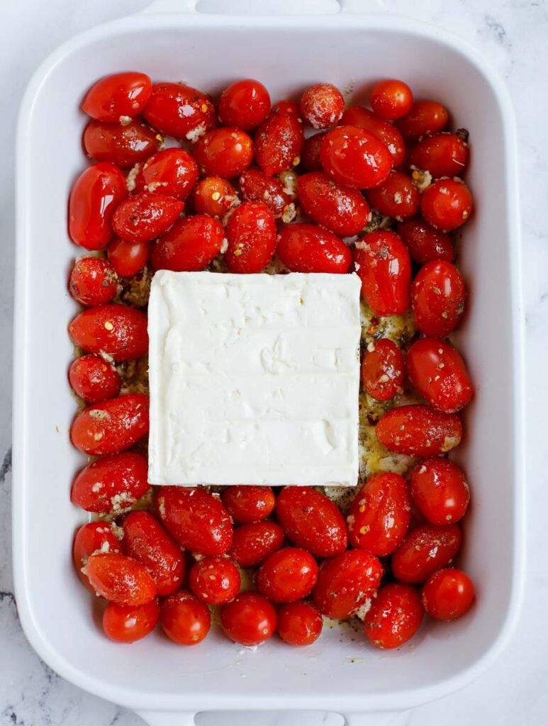 A block of feta in a dish with tomatoes.