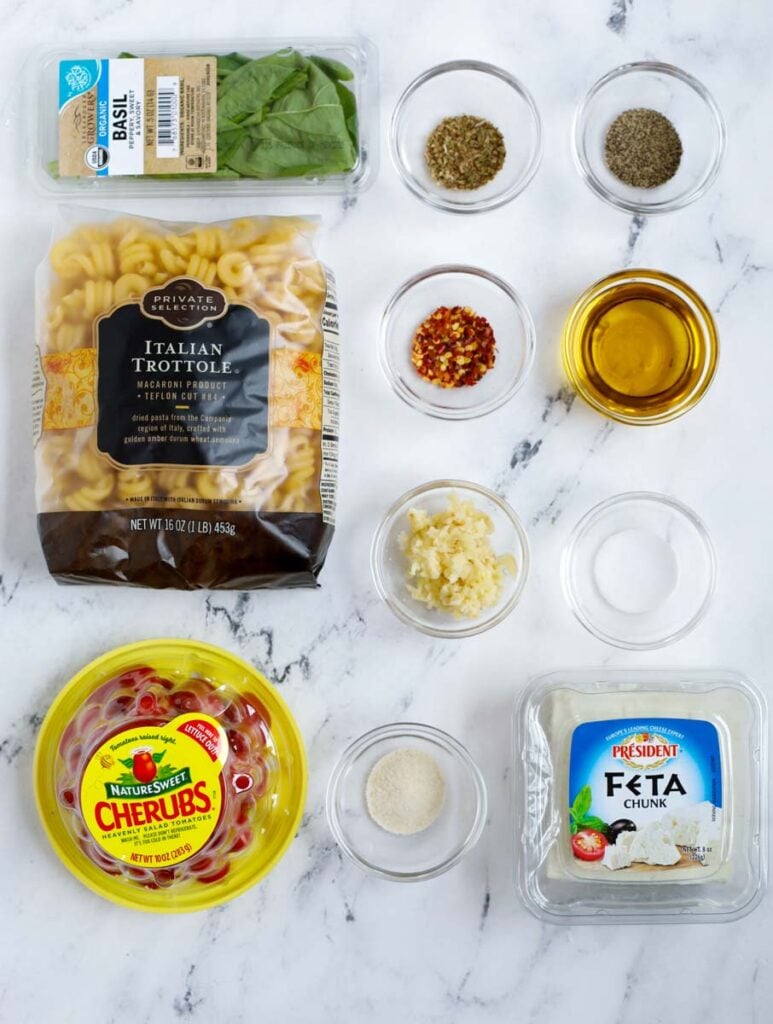 Ingredients needed for a baked feta pasta.