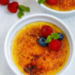 Top down view of creme brulee in two ramekins.