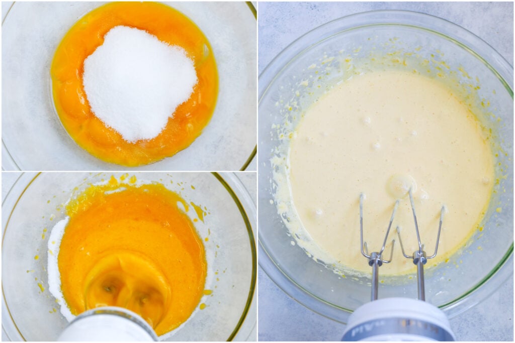 Mixing egg yolks and sugar in a bowl. 