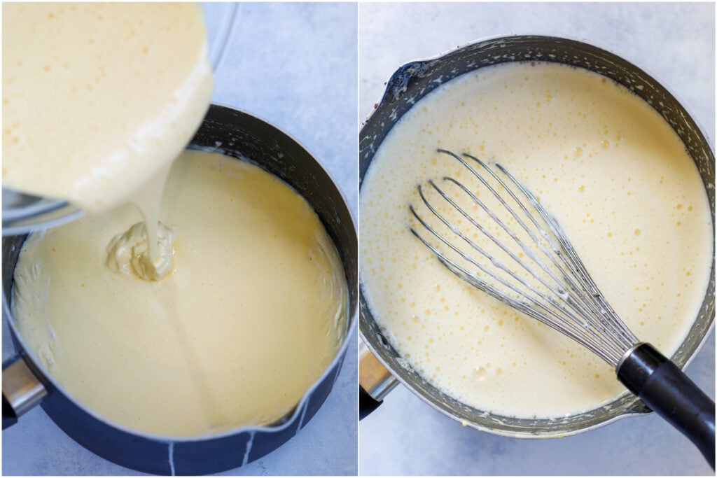 Whisking the custard mixture in a pan.