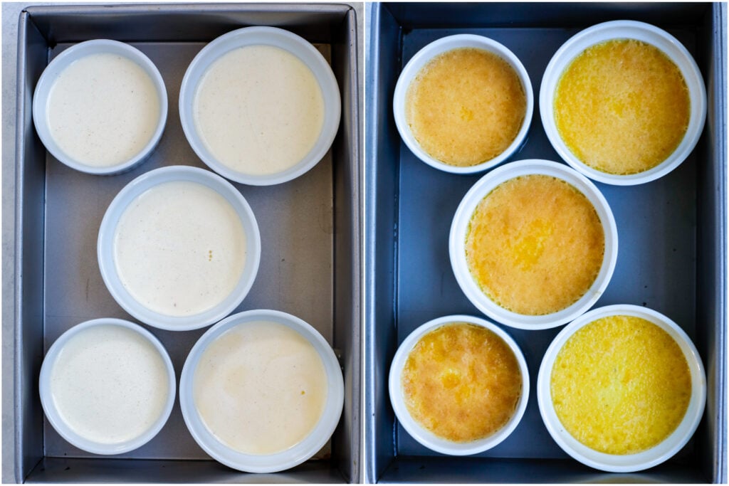 Before and after photos of custard cooking in ramekins.