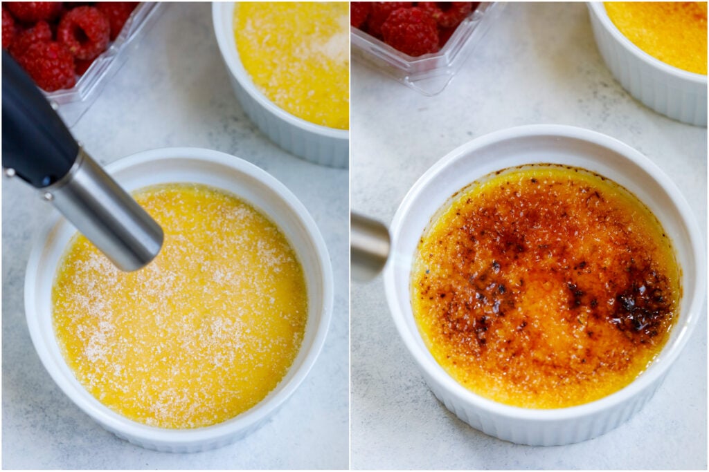 Before and after photos of torching sugar on top of crème brûlée.