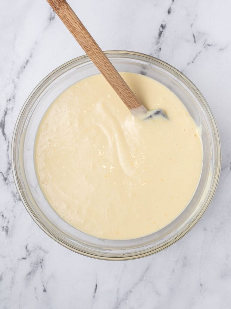 top view of the creamy lemon bar filling in a bowl