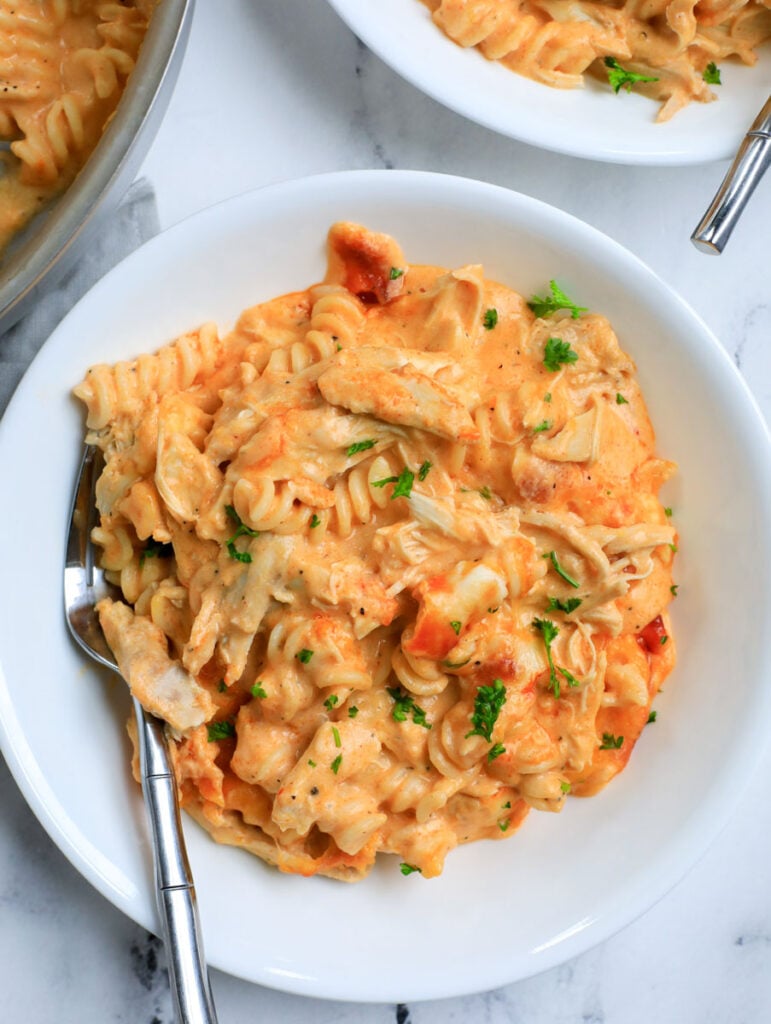 Buffalo Chicken Mac and Cheese on a white plate. 