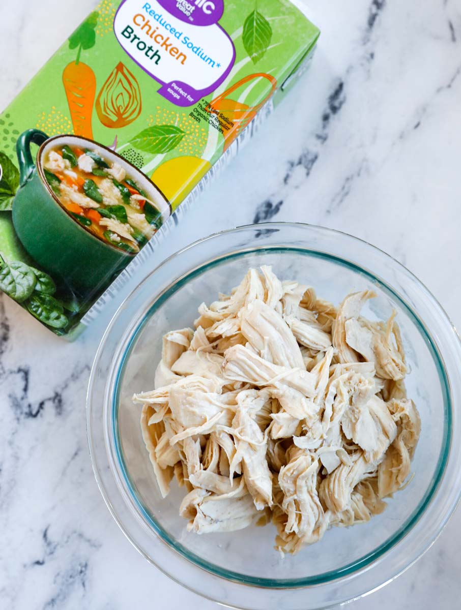 Shredded chicken and chicken broth.