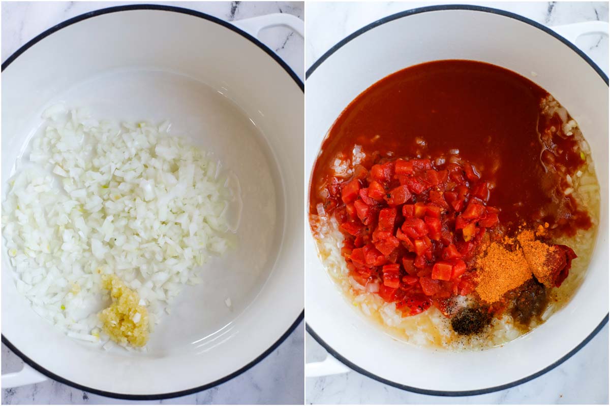 A set of two photos of ingredients being sauted and then adding enchilada sauce, fire roasted tomatoes, spices, and salt into a pot.