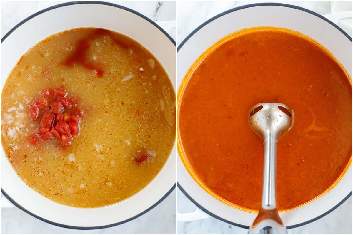 A set of two photos of soup being simmers and blended up.