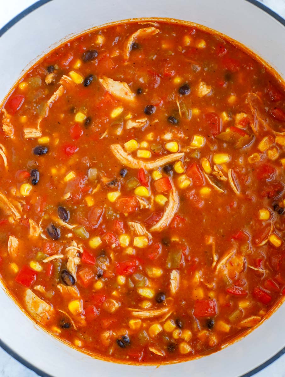 A pot of completed enchilada soup.