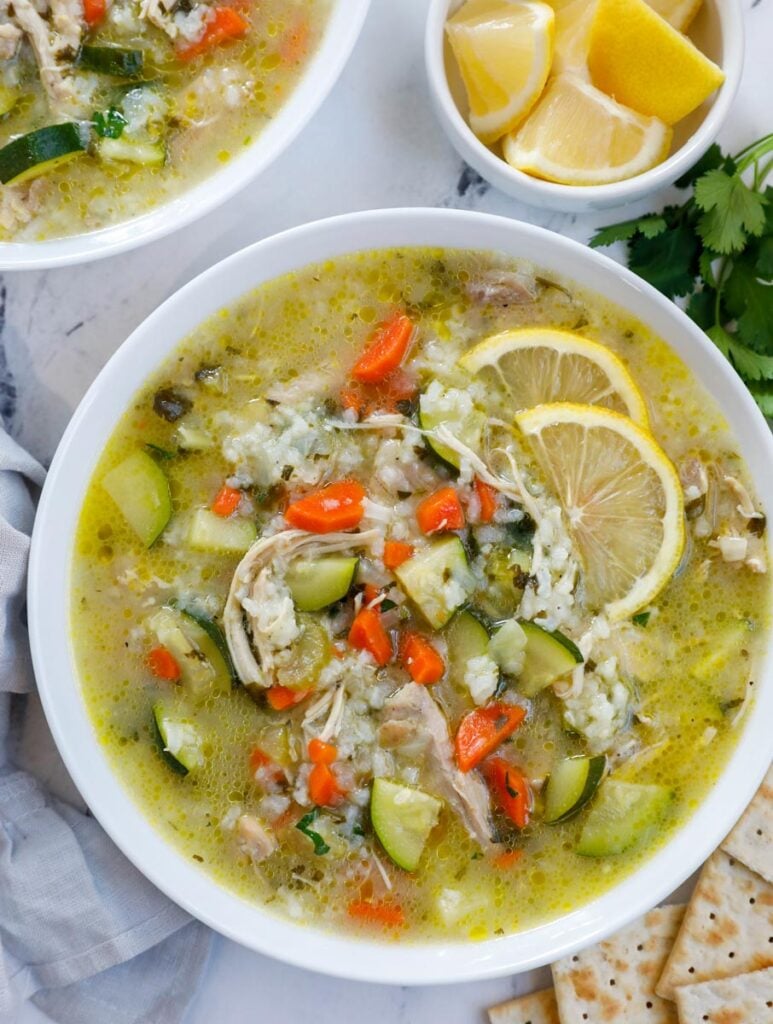 Overhead photo of lemon chicken rice soup in a bowl.