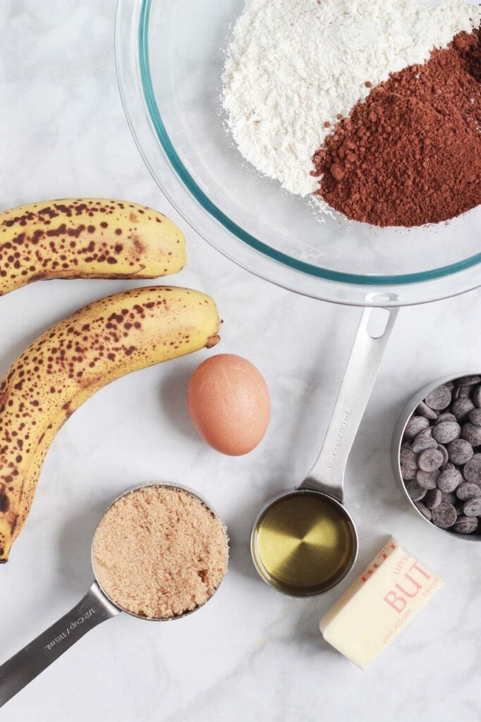 Ingredients for the chocolate banana bread recipe.
