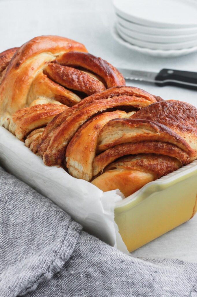 Cinnamon Babka in a loaf pan