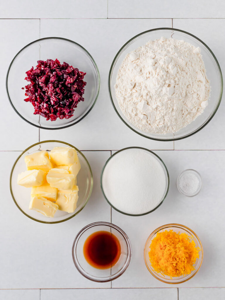 Top down view of shortbread cookie ingredients. 