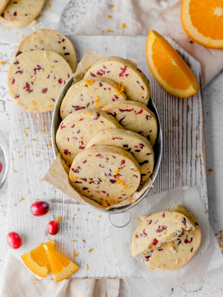 Top down view of cranberry orange shortbread cookies.