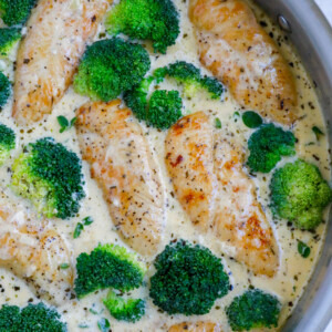 Overhead shot of chicken and broccoli in a pan.