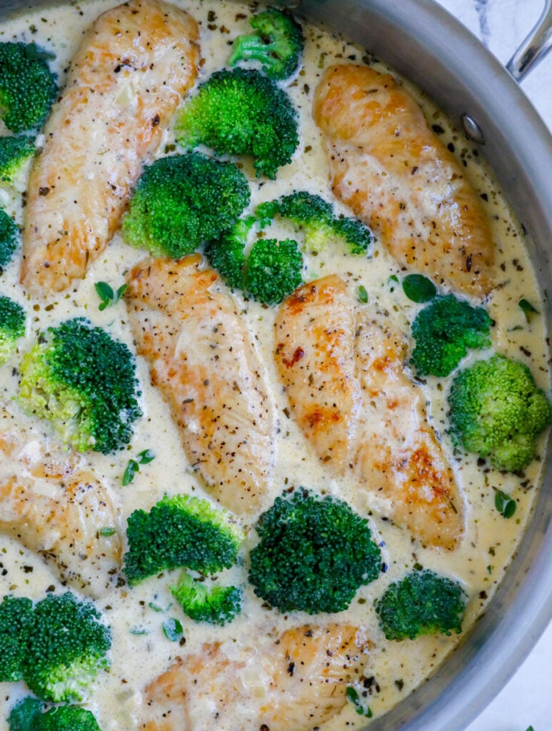 Overhead shot of chicken and broccoli in a pan.