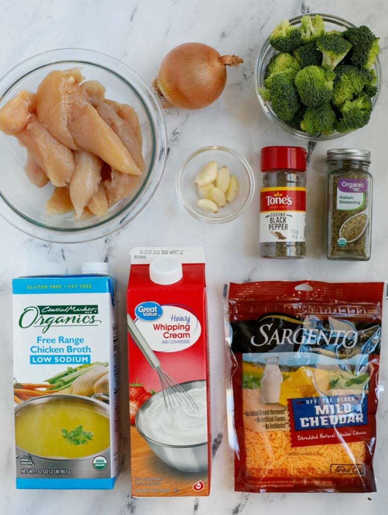 Top down shot of ingredients for creamy broccoli chicken.