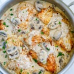 Top down shot of creamy mushroom chicken in a pot.