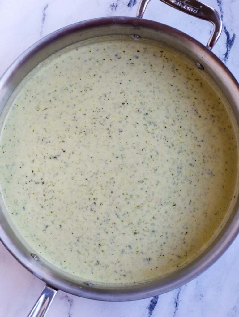 Pesto sauce in a pan.