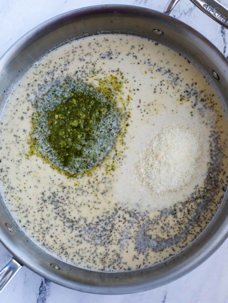 Pesto in a pan with flour.