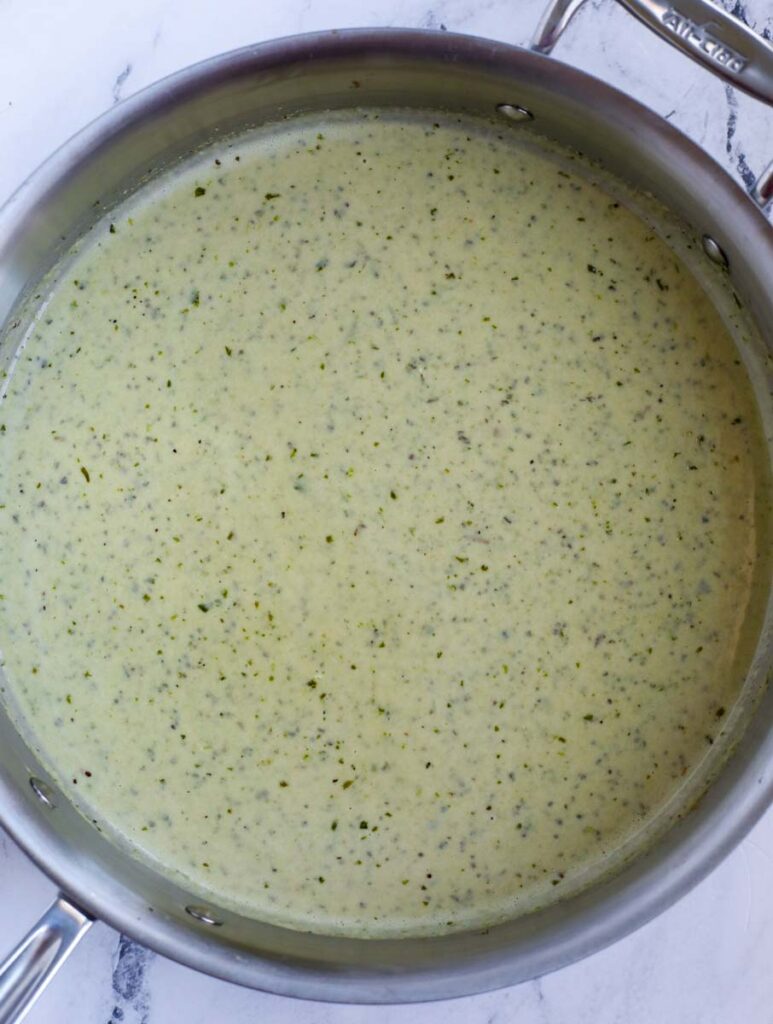 Pesto sauce in a pan.