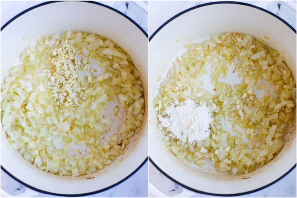 Set of two photos showing ingredients being sauted before adding in flour to the pot.