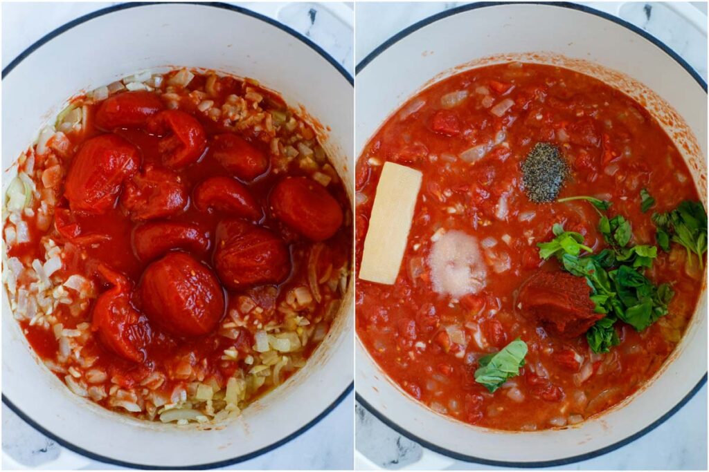Set of two photos showing onions and tomatoes in a pot and then seasoned.
