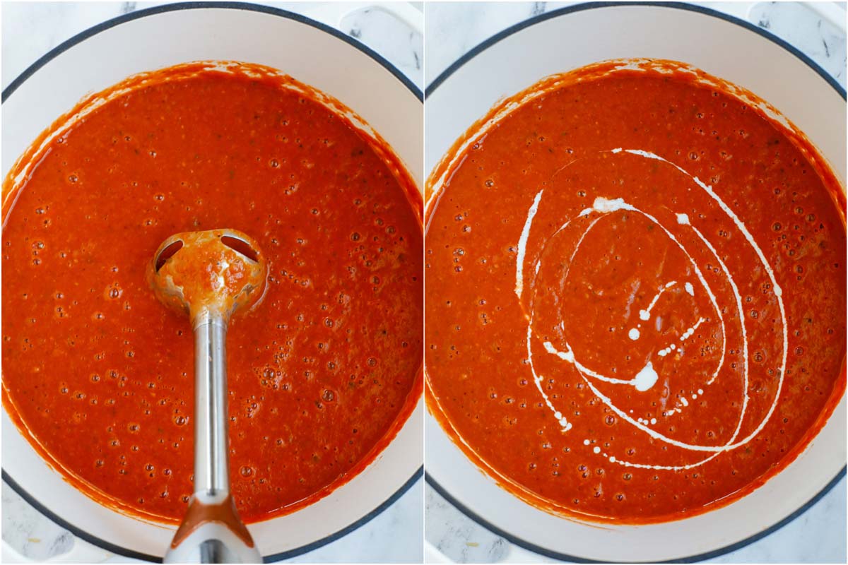 Set of two photos showing soup in a pot being blended with a handheld immersion blender and then heavy cream added.