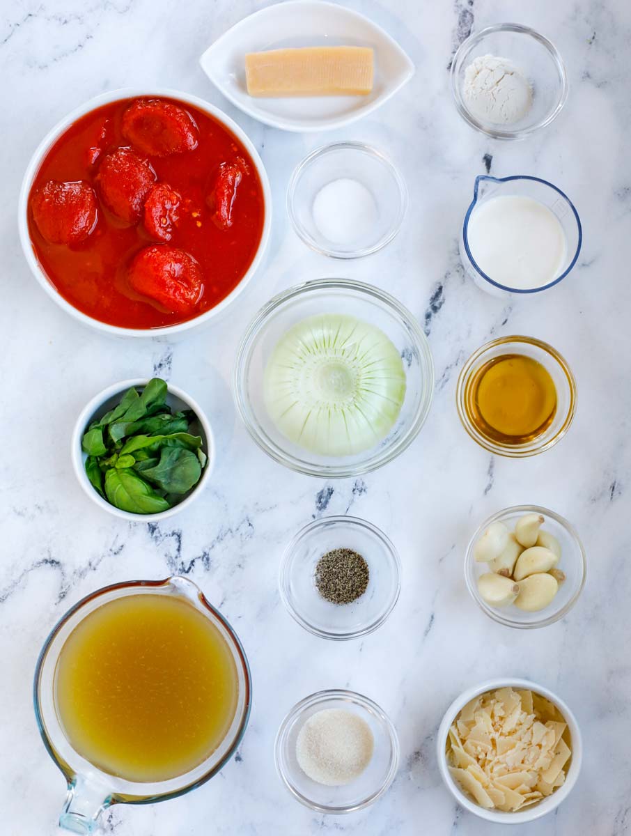 Ingredients needed to make tomato soup.