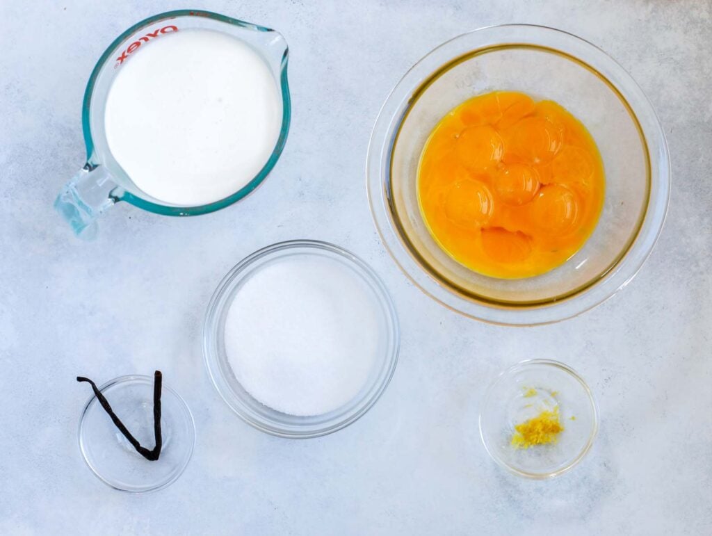 Top down shot of ingredients for crème brûlée.