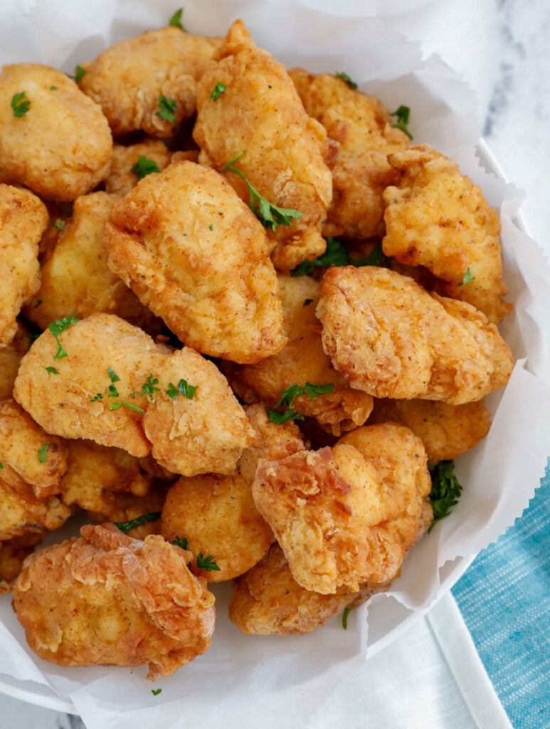 Top down view of chicken nuggets.