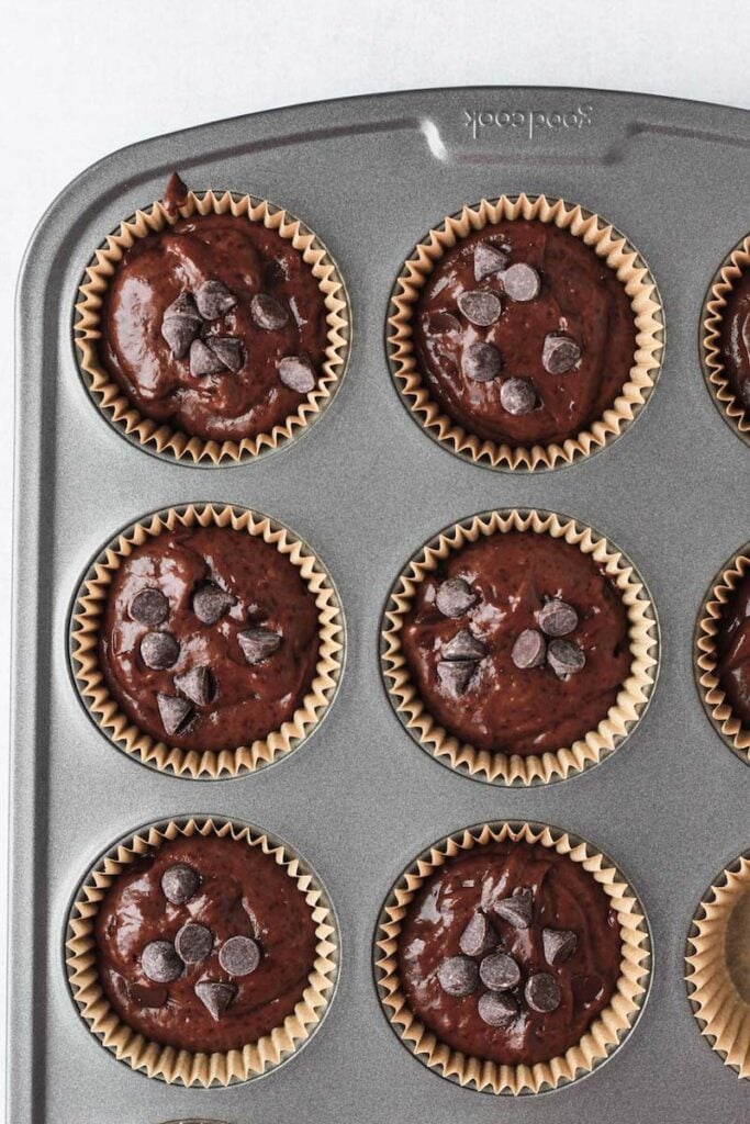Double chocolate chip muffins before baking. 
