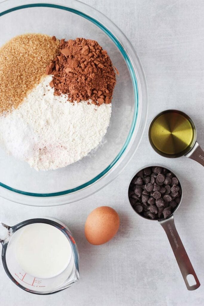 Ingredients needed for Double Chocolate Chip Muffins. 