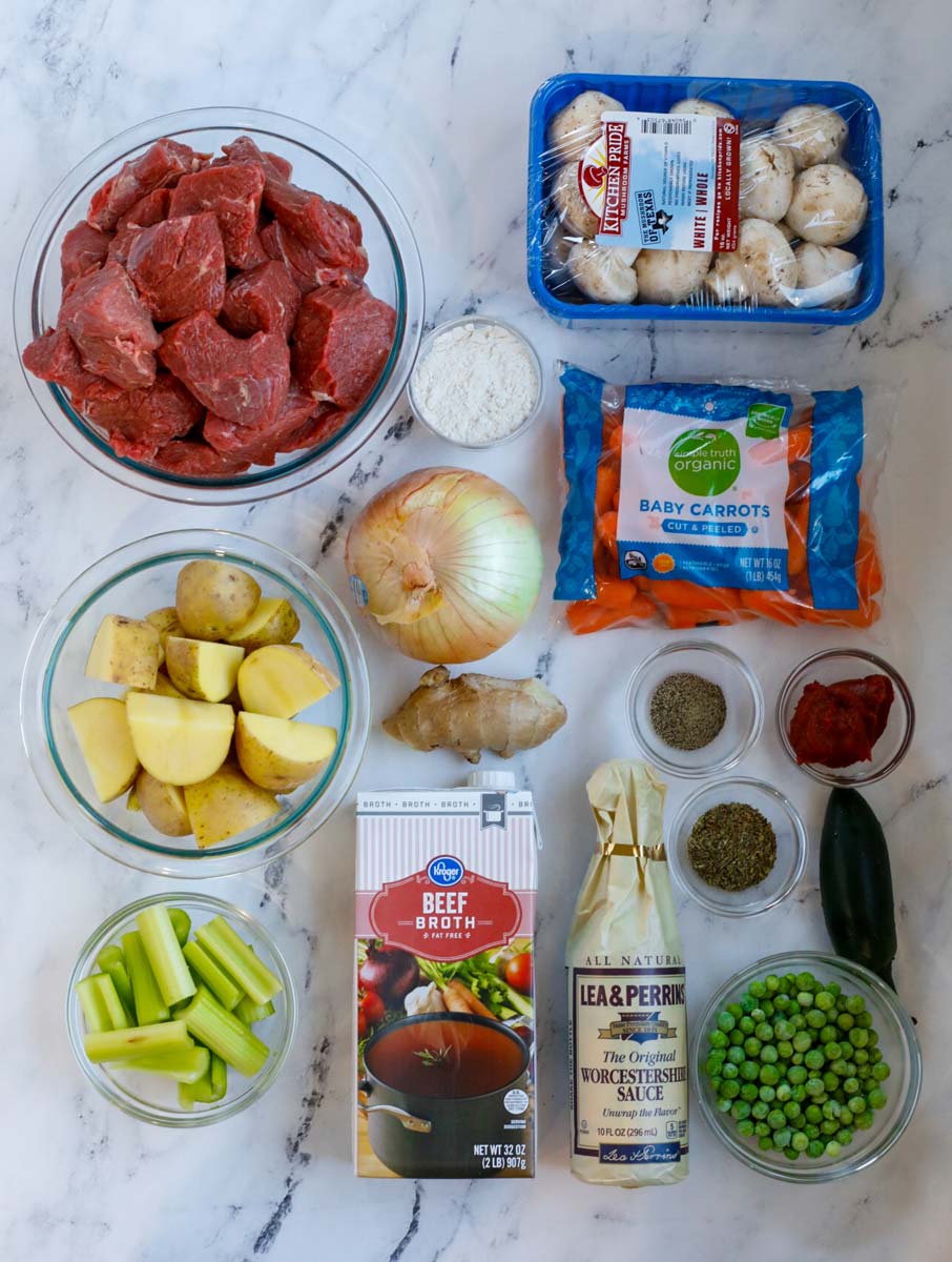 Top down view of ingredients for beef stew.