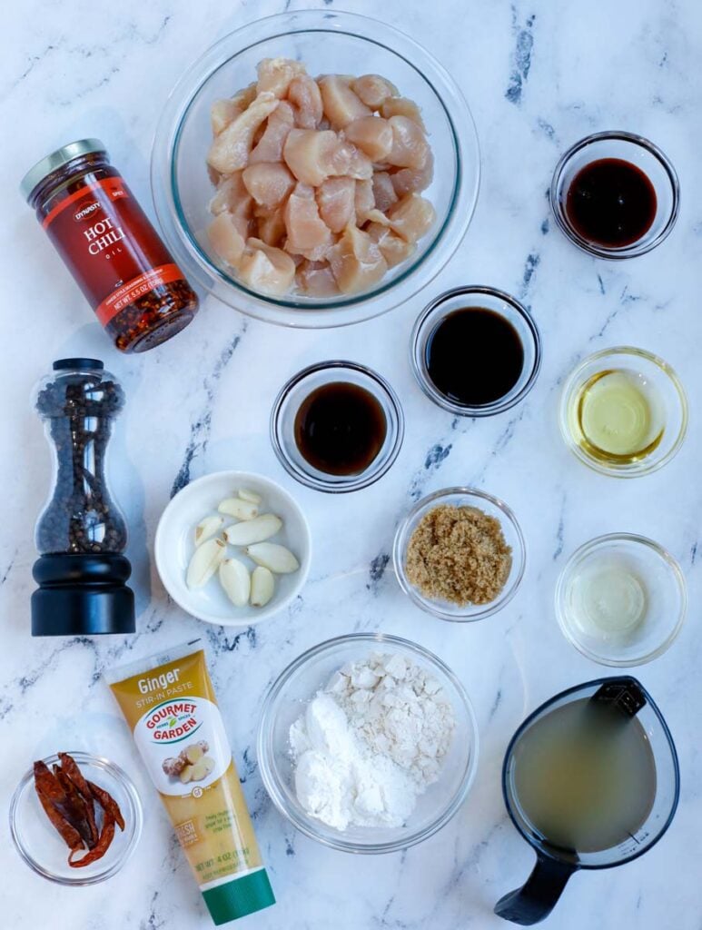 Overhead image of ingredients needed to make general tso chicken.