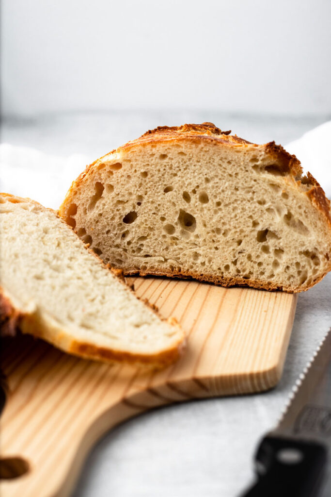 The inside of freshly baked bread, sliced.