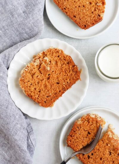 top down view of portions of pumpkin bread served on a place